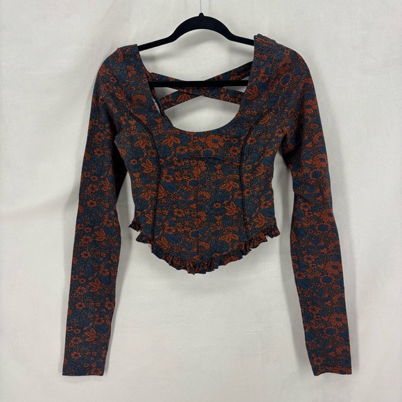 Free People Floral Long Sleeve Crop Top Cross Back Straps Size women’s small - Picture 2 of 8
